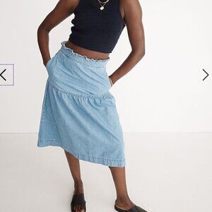 Madewell Denim Pull-On Ruffle Waist Midi Skirt in Normandie Wash